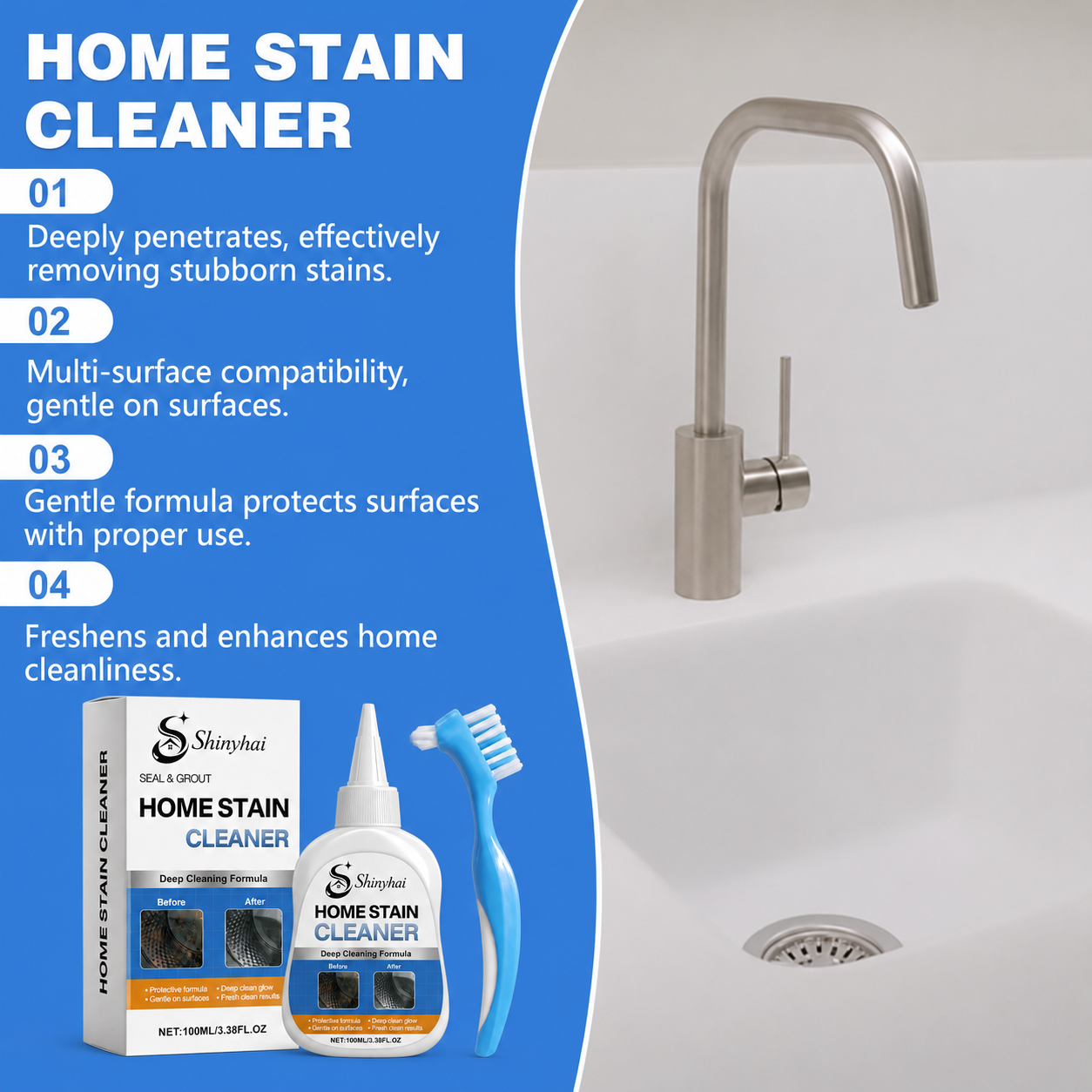 Home Stain Cleaner Gel Kit with Scrub Brush – Removes Stubborn Grout, Tile, Sink & Bathroom Stains